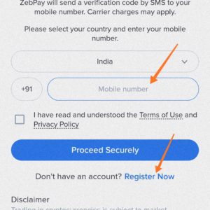Click on Register now option to create zebpay account