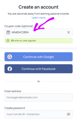 Create an account in honeygain