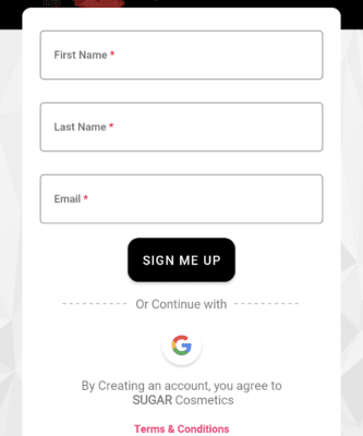 Sugar Cosmetics referral code is "mnad9205". Get 50% off 3 Fill Your Name and Email for Signup