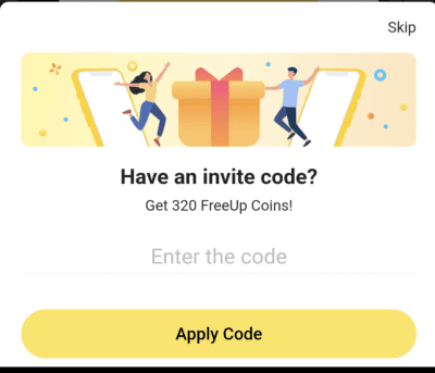 FreeUp Invite code is "3cS2R". Get 300 coins + Refer & Earn 4 Enter free up Invite code