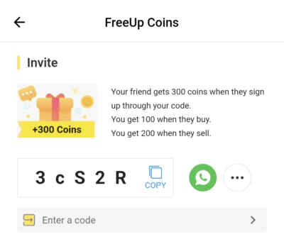 FreeUp Invite code is "3cS2R". Get 300 coins + Refer & Earn 1 Free Up Invite Code