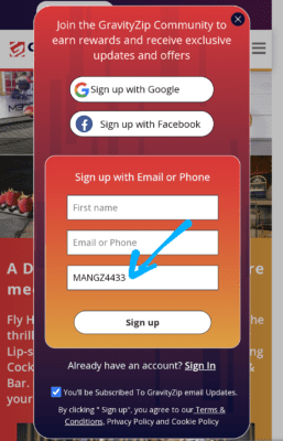Enter Gravityzip Referral code 