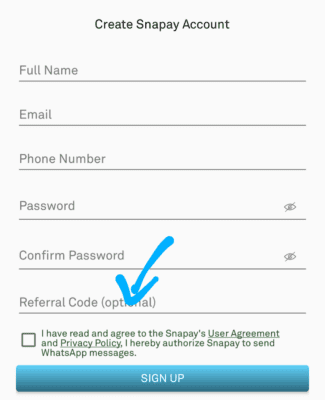 Enter snapay Referral code 