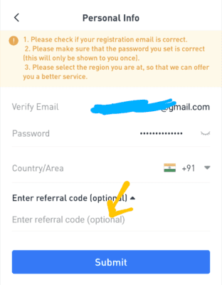 Enter btcdana Referral code 