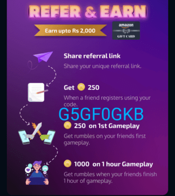 Rumble Referral code is G5GF0GKB. Get 250 coins + Refer 1 Rumble Referral code